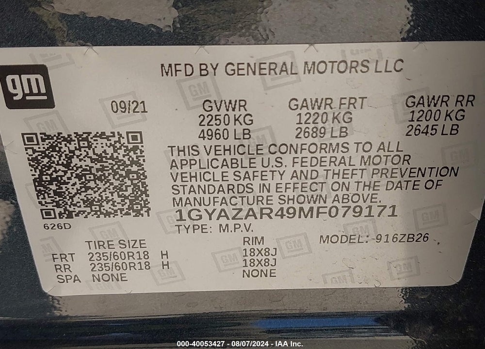 2021 CADILLAC XT4 LUXURY VIN: 1GYAZAR49MF079171