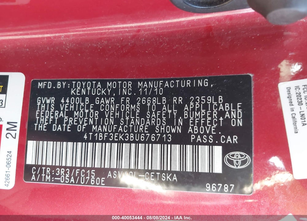 2011 TOYOTA CAMRY SE VIN: 4T1BF3EK3BU676713