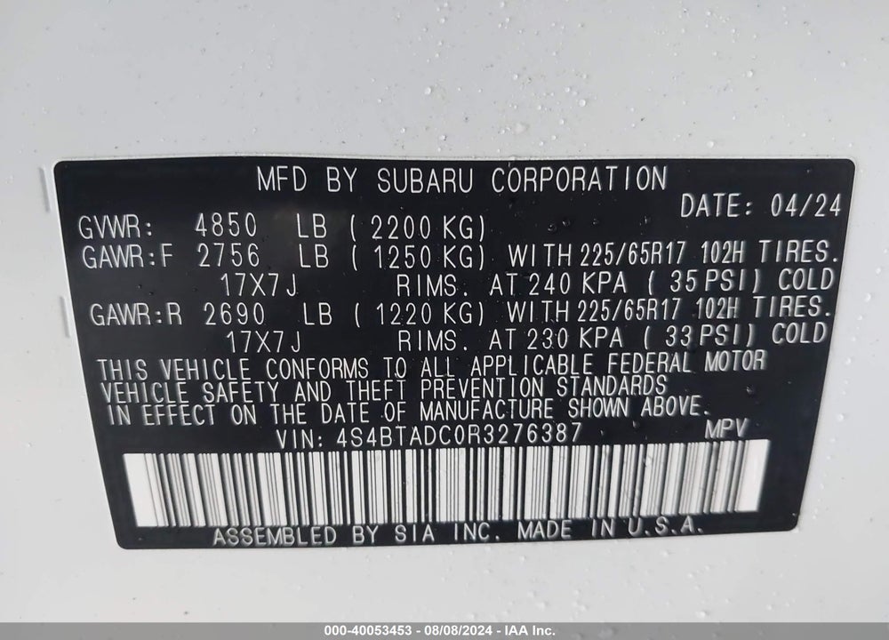 2024 SUBARU OUTBACK PREMIUM VIN: 4S4BTADC0R3276387