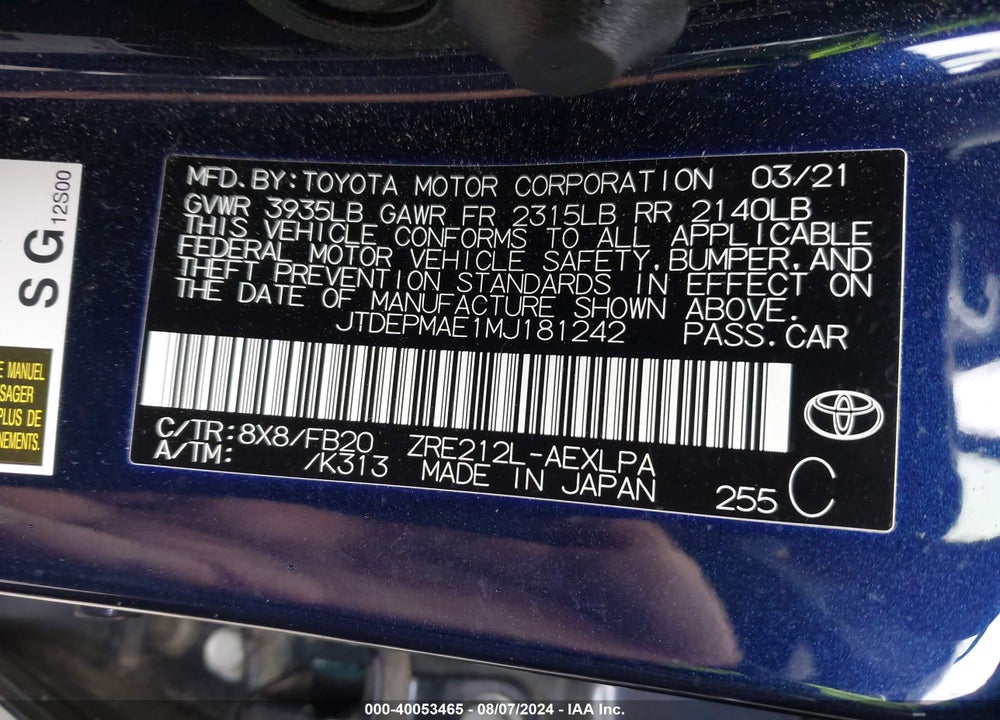 2021 TOYOTA COROLLA LE VIN: JTDEPMAE1MJ181242