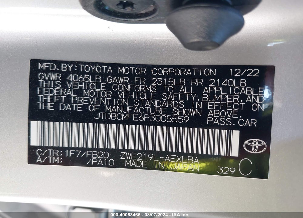 2023 TOYOTA COROLLA HYBRID LE VIN: JTDBCMFE6P3005559