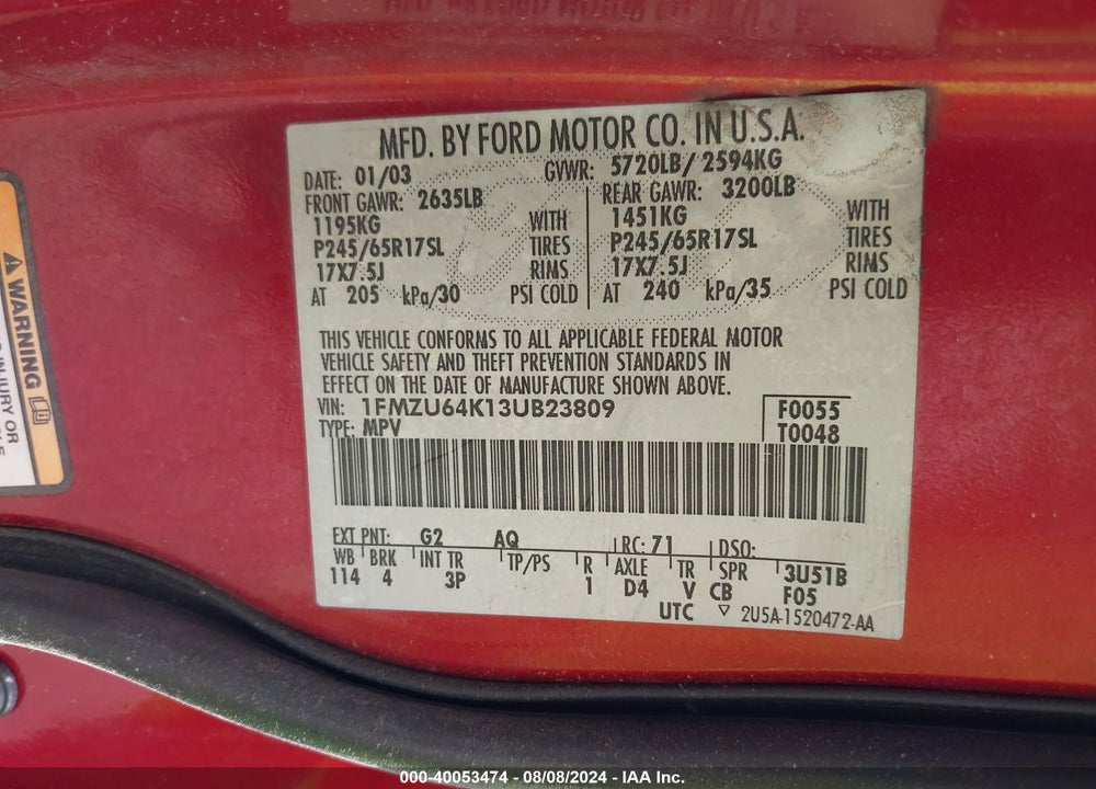 2003 FORD EXPLORER EDDIE BAUER VIN: 1FMZU64K13UB23809