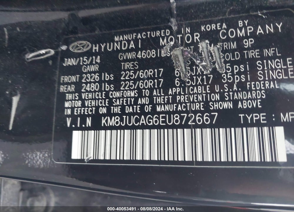 2014 HYUNDAI TUCSON SE VIN: KM8JUCAG6EU872667