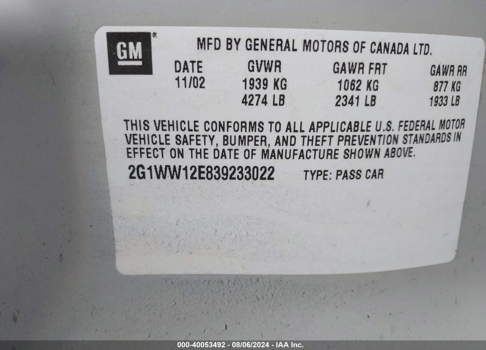 2003 CHEVROLET MONTE CARLO LS VIN: 2G1WW12E839233022
