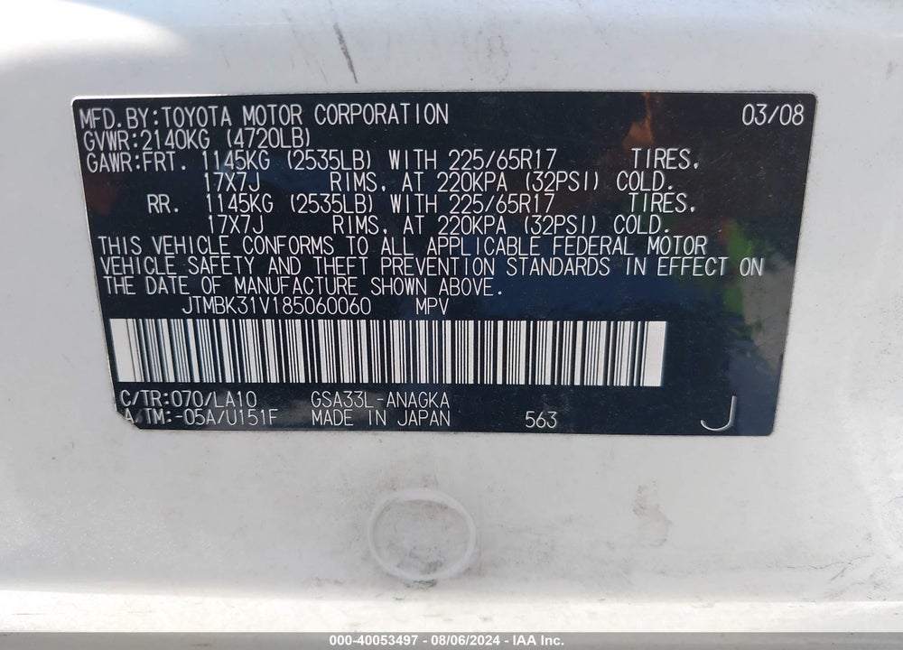 2008 TOYOTA RAV4 LIMITED V6 VIN: JTMBK31V185060060