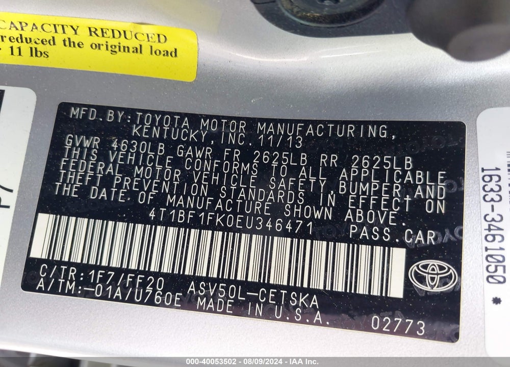 2014 TOYOTA CAMRY L/SE/LE/XLE VIN: 4T1BF1FK0EU346471