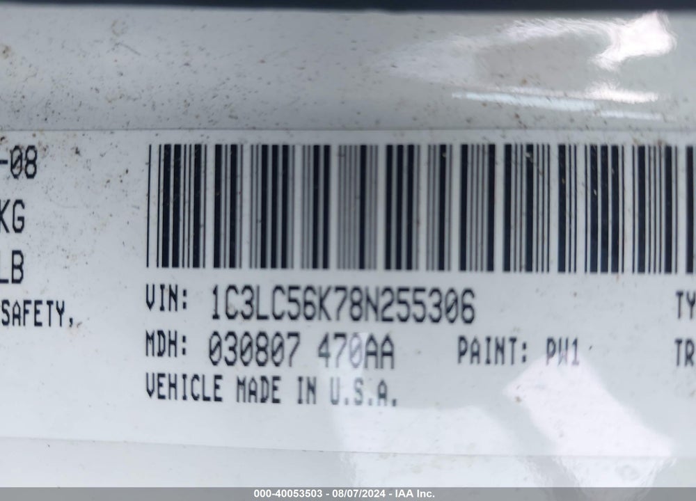 2008 CHRYSLER SEBRING TOURING VIN: 1C3LC56K78N255306