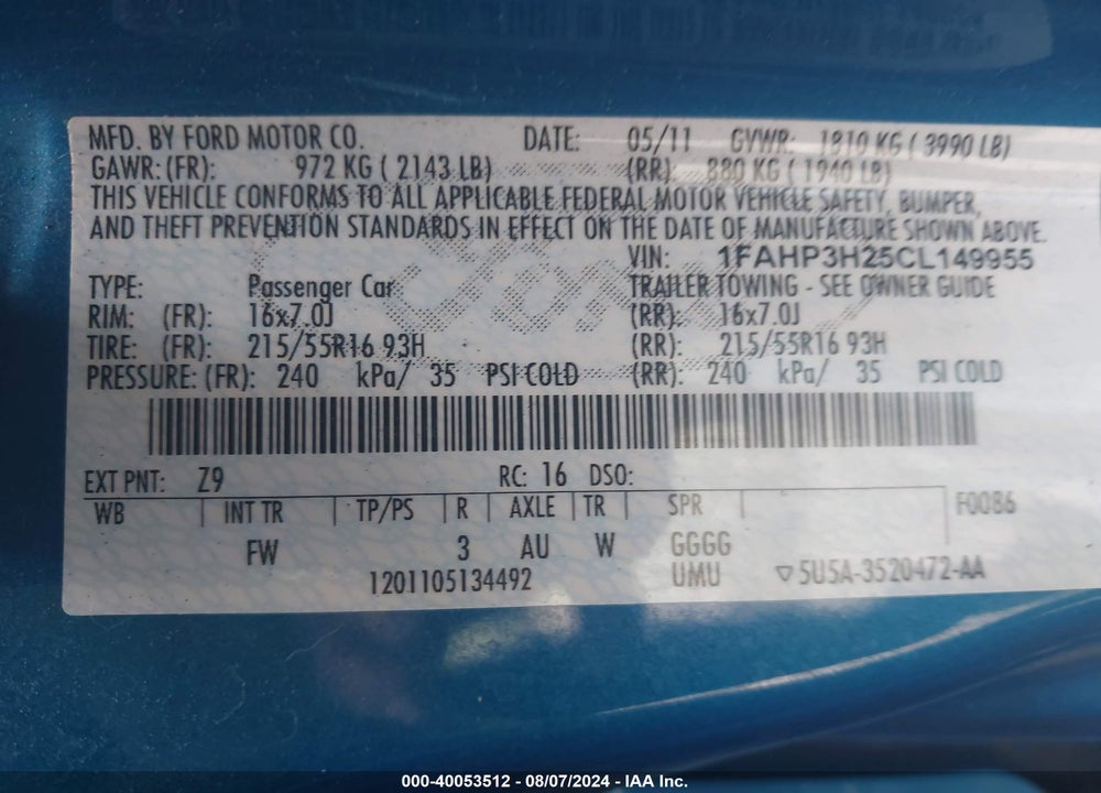 2012 FORD FOCUS SEL VIN: 1FAHP3H25CL149955