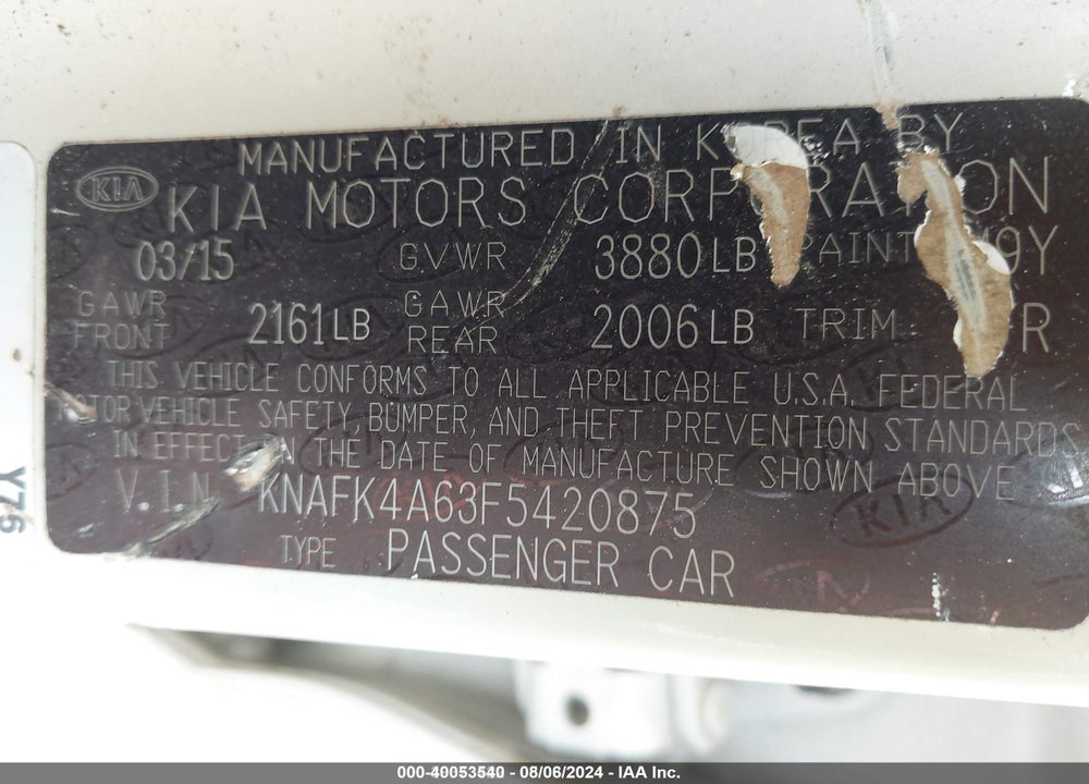 2015 KIA FORTE VIN: KNAFK4A63F5420875