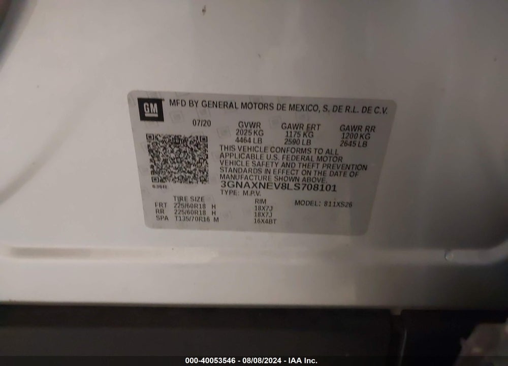 2020 CHEVROLET EQUINOX FWD PREMIER 1.5L TURBO VIN: 3GNAXNEV8LS708101