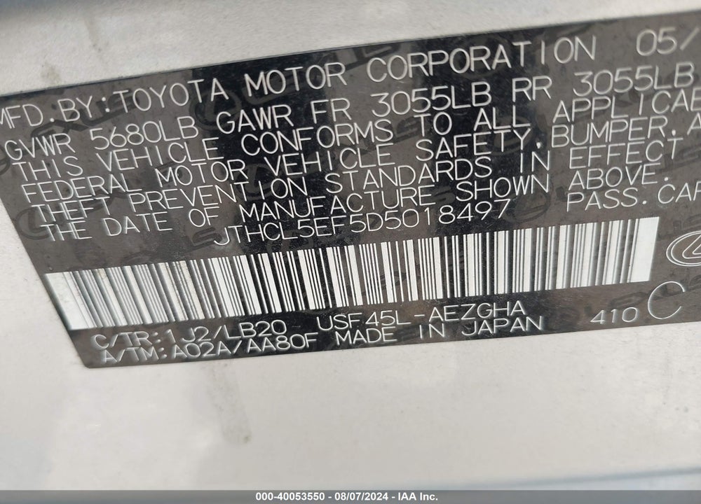 2013 LEXUS LS 460 VIN: JTHCL5EF5D5018497