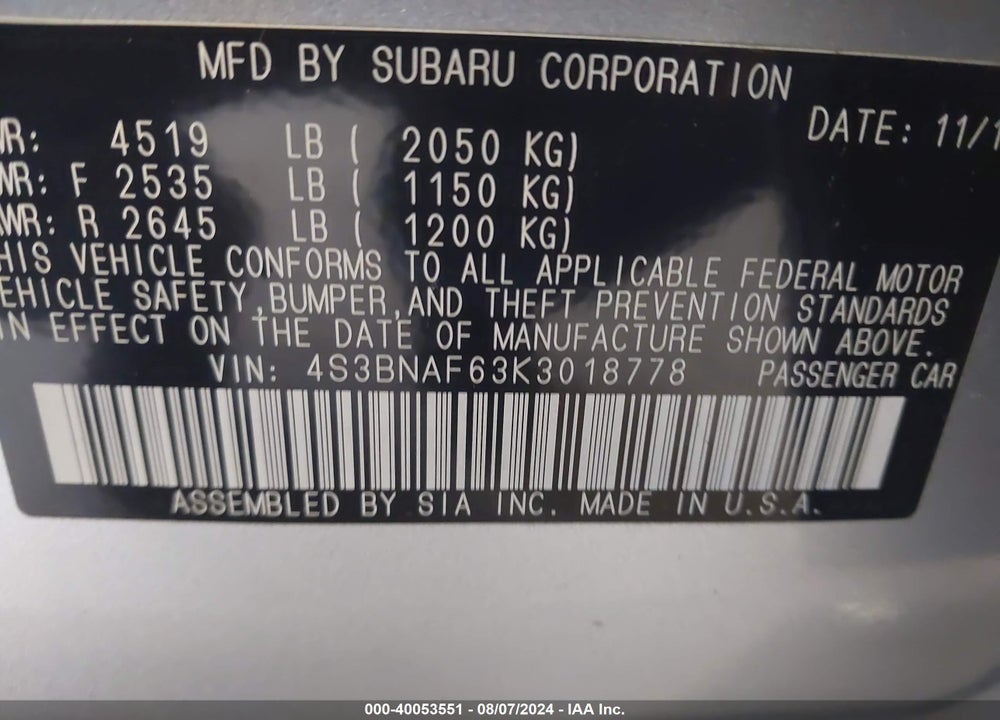 2019 SUBARU LEGACY 2.5I PREMIUM VIN: 4S3BNAF63K3018778