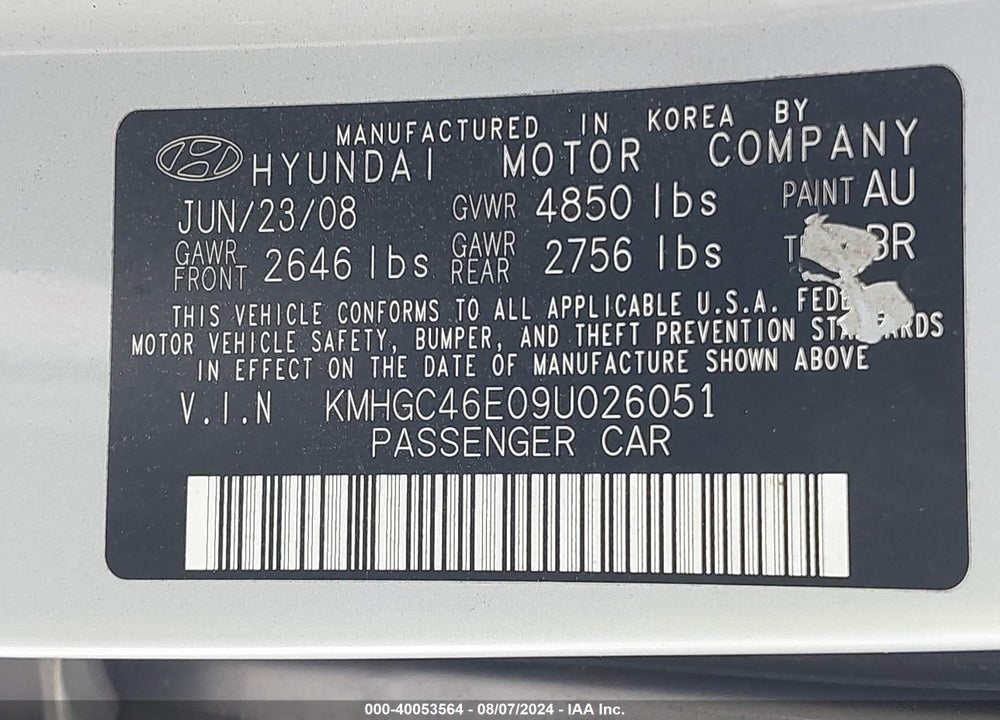 2009 HYUNDAI GENESIS 3.8 VIN: KMHGC46E09U026051