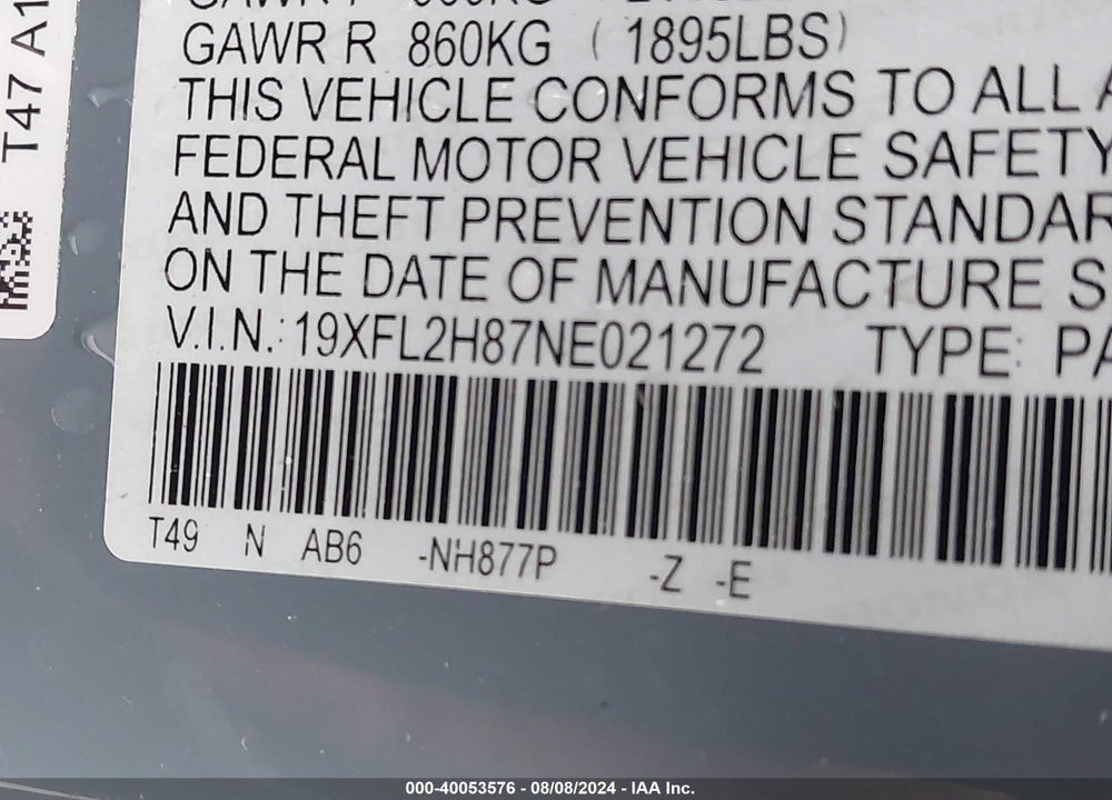 2022 HONDA CIVIC SPORT VIN: 19XFL2H87NE021272