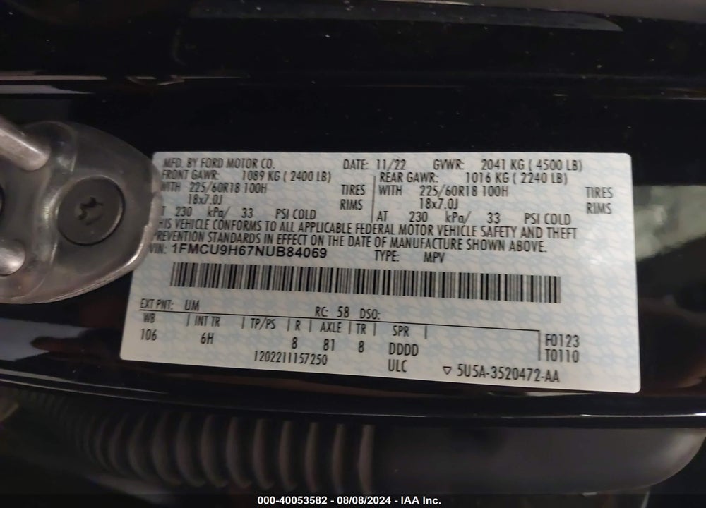 2022 FORD ESCAPE SEL VIN: 1FMCU9H67NUB84069