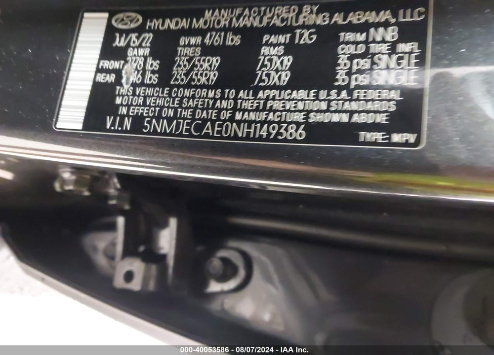 2022 HYUNDAI TUCSON LIMITED VIN: 5NMJECAE0NH149386