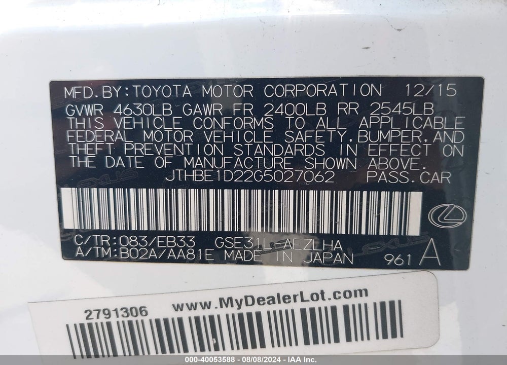 2016 LEXUS IS 350 VIN: JTHBE1D22G5027062