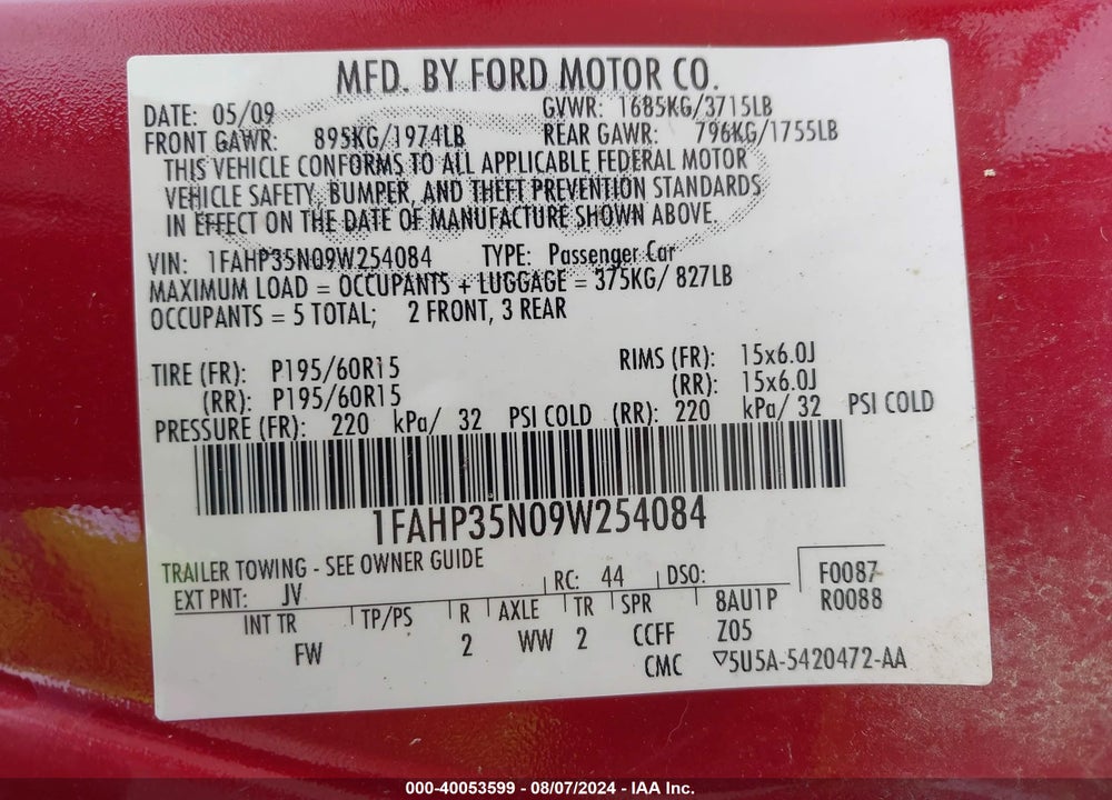 2009 FORD FOCUS SE VIN: 1FAHP35N09W254084