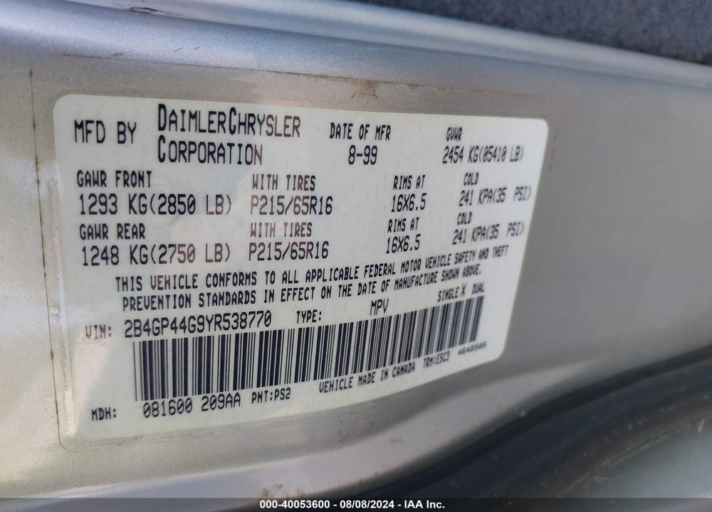 2000 DODGE GRAND CARAVAN SE/SPORT VIN: 2B4GP44G9YR538770