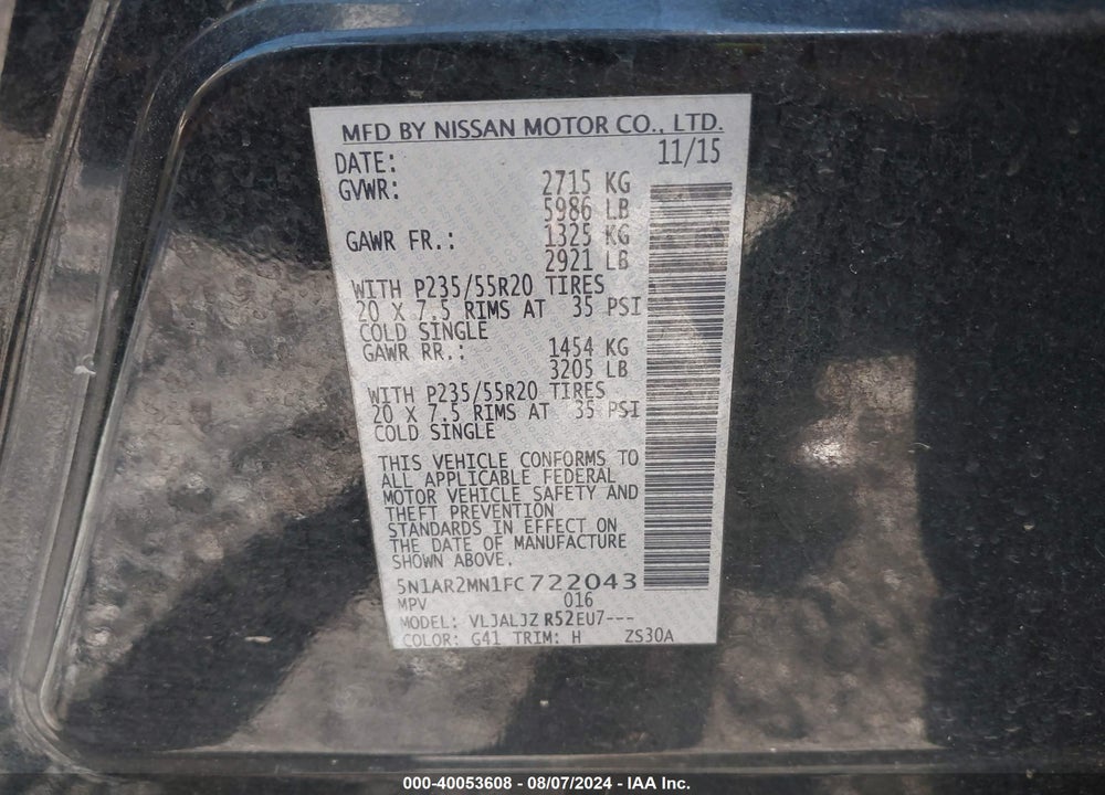 2015 NISSAN PATHFINDER PLATINUM/S/SL/SV VIN: 5N1AR2MN1FC722043