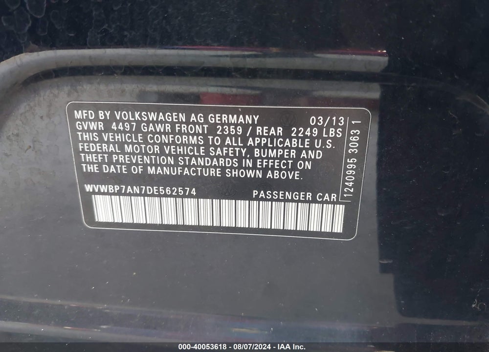 2013 VOLKSWAGEN CC 2.0T R-LINE VIN: WVWBP7AN7DE562574