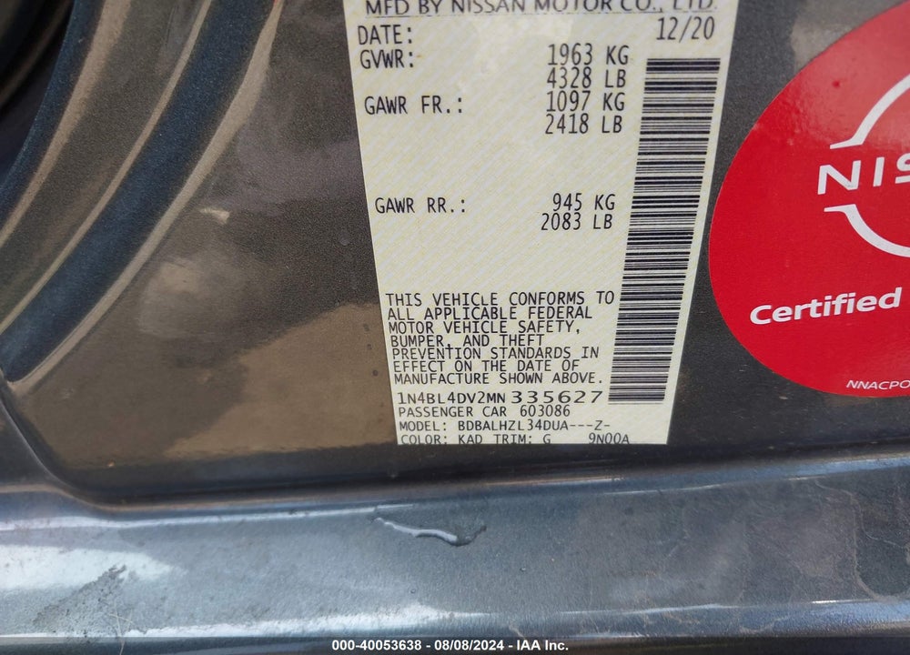 2021 NISSAN ALTIMA SV FWD VIN: 1N4BL4DV2MN335627