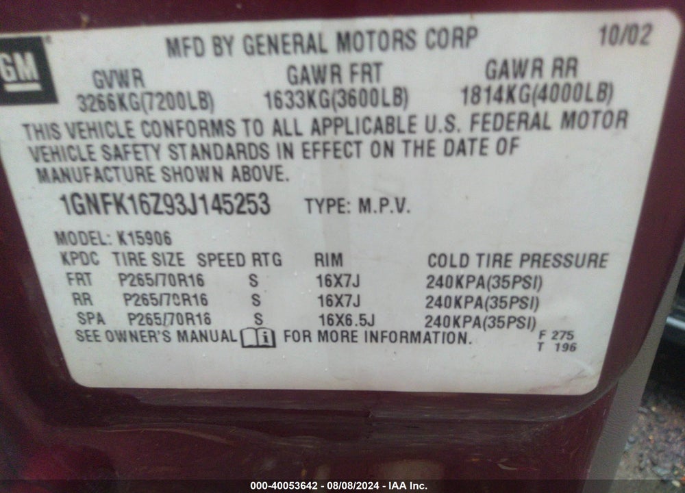 2003 CHEVROLET SUBURBAN 1500 LS VIN: 1GNFK16Z93J145253