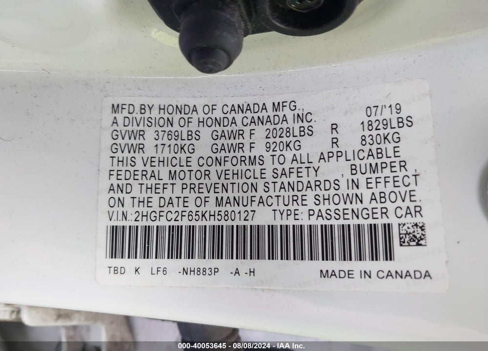 2019 HONDA CIVIC LX VIN: 2HGFC2F65KH580127
