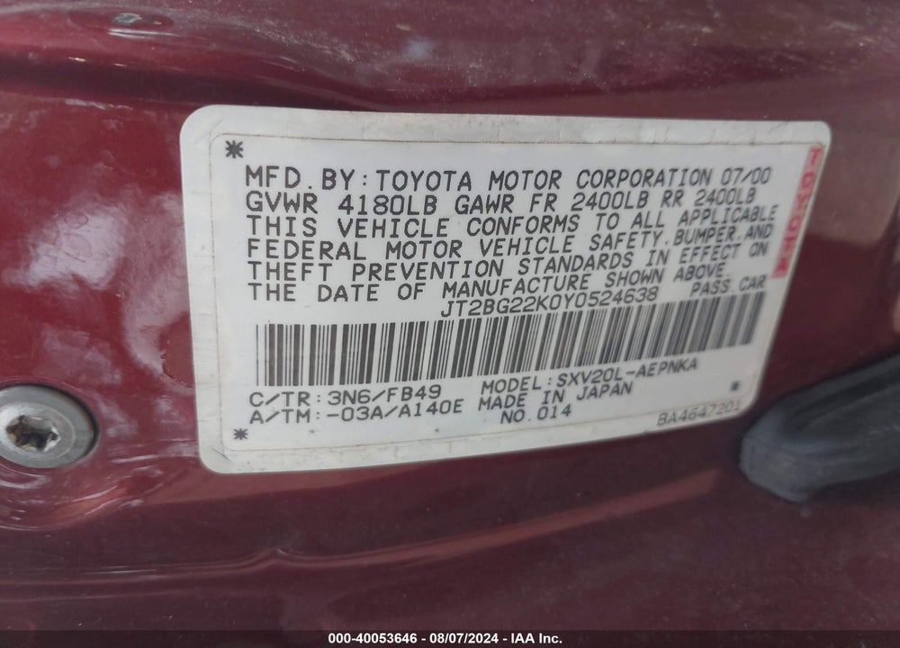 2000 TOYOTA CAMRY LE VIN: JT2BG22K0Y0524638