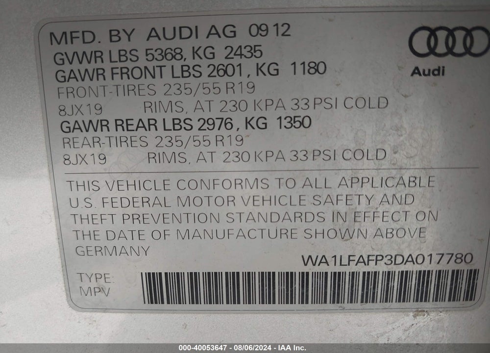 2013 AUDI Q5 2.0T PREMIUM VIN: WA1LFAFP3DA017780