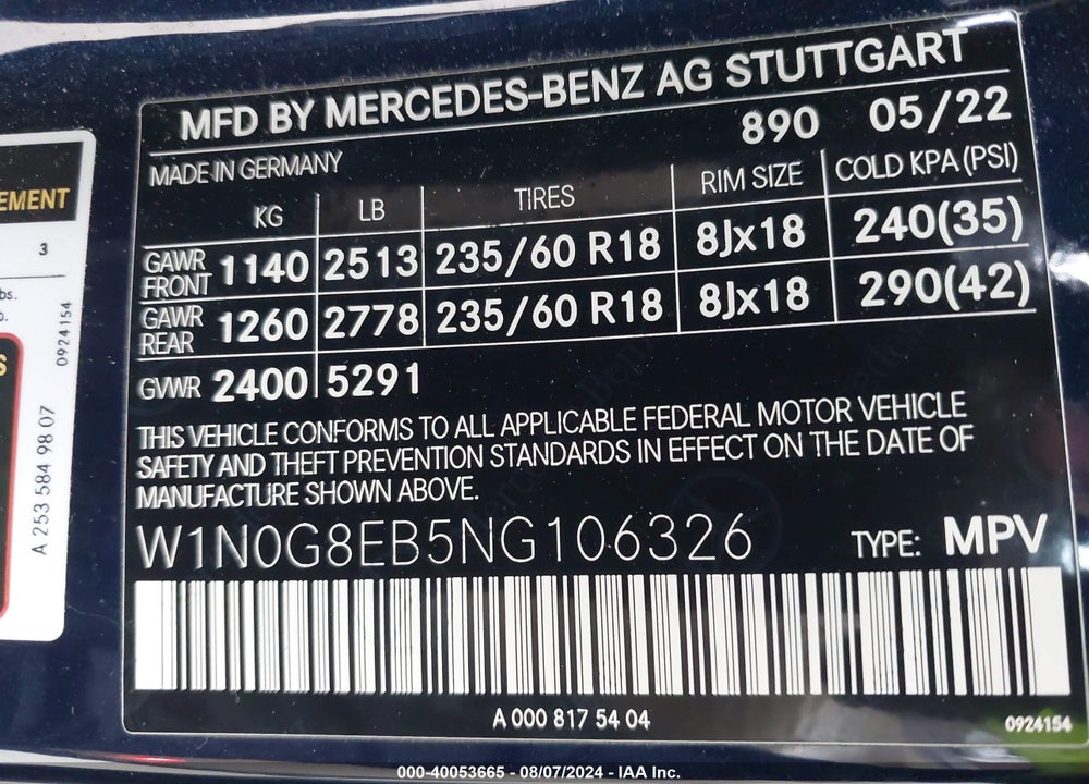 2022 MERCEDES-BENZ GLC 300 4MATIC SUV VIN: W1N0G8EB5NG106326