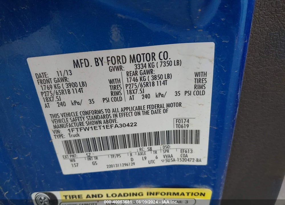2014 FORD F-150 XLT VIN: 1FTFW1ET1EFA30422