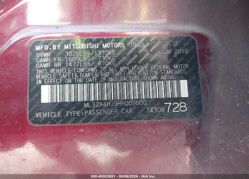 2017 MITSUBISHI MIRAGE SE VIN: ML32A4HJ9HH009600