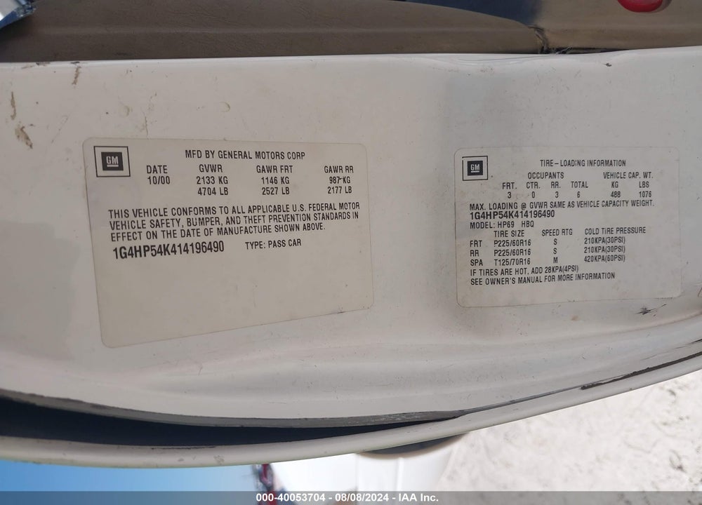 2001 BUICK LESABRE CUSTOM VIN: 1G4HP54K414196490