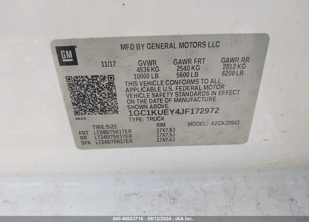 2018 CHEVROLET SILVERADO 2500HD WT VIN: 1GC1KUEY4JF172972