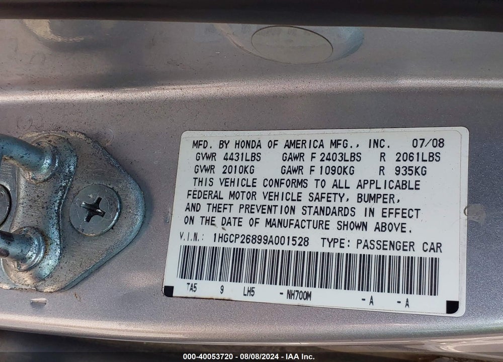 2009 HONDA ACCORD 2.4 EX-L VIN: 1HGCP26899A001528