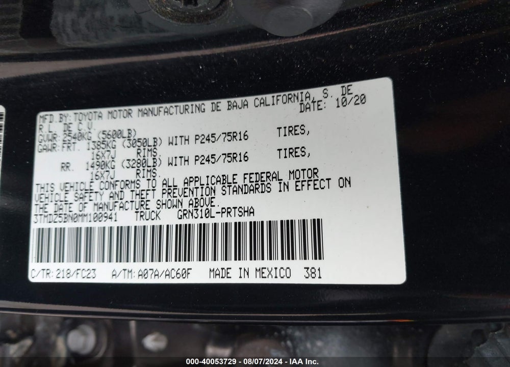 2021 TOYOTA TACOMA SR5 V6 VIN: 3TMDZ5BN0MM100941