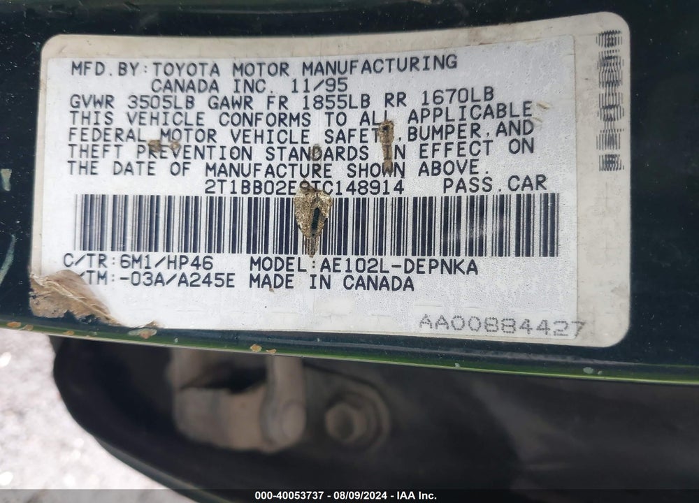 1996 TOYOTA COROLLA DX VIN: 2T1BB02E9TC148914