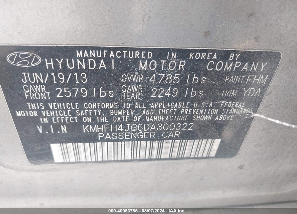 2013 HYUNDAI AZERA VIN: KMHFH4JG6DA300322