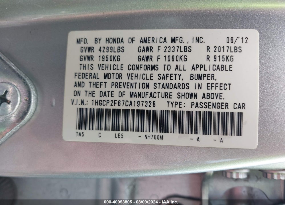 2012 HONDA ACCORD 2.4 SE VIN: 1HGCP2F67CA197328