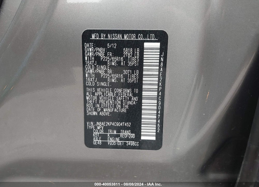 2012 NISSAN QUEST SV VIN: JN8AE2KP4C9047452