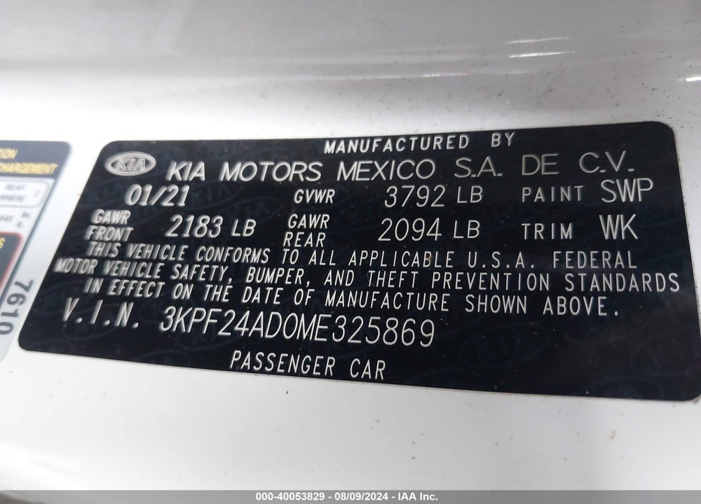 2021 KIA FORTE LXS VIN: 3KPF24AD0ME325869