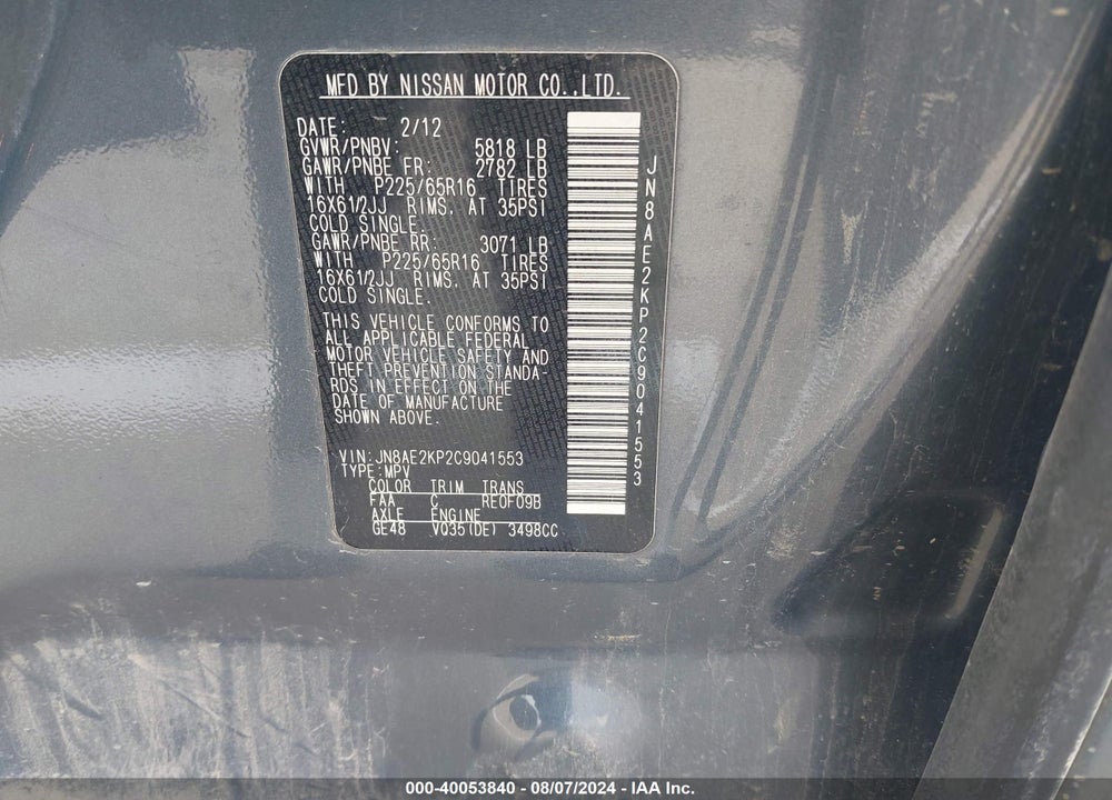 2012 NISSAN QUEST S/SV/SL/LE VIN: JN8AE2KP2C9041553