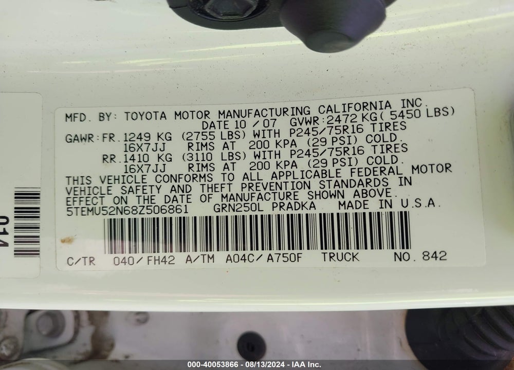 2008 TOYOTA TACOMA VIN: 5TEMU52N68Z506861