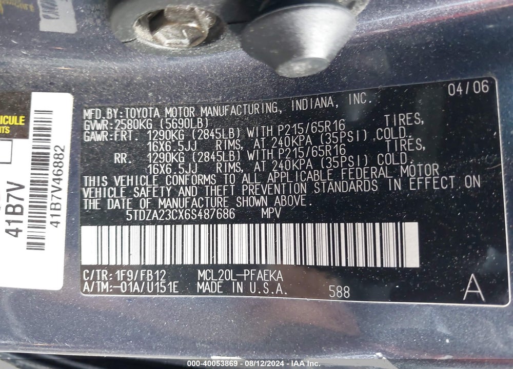 2006 TOYOTA SIENNA CE VIN: 5TDZA23CX6S487686