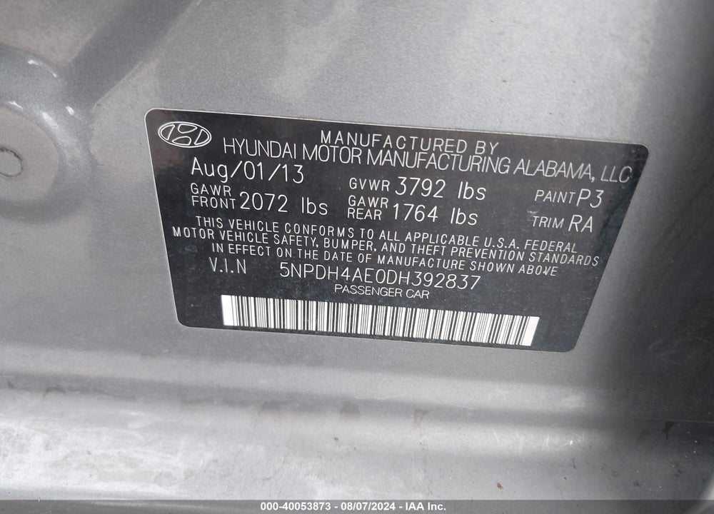 2013 HYUNDAI ELANTRA LIMITED VIN: 5NPDH4AE0DH392837