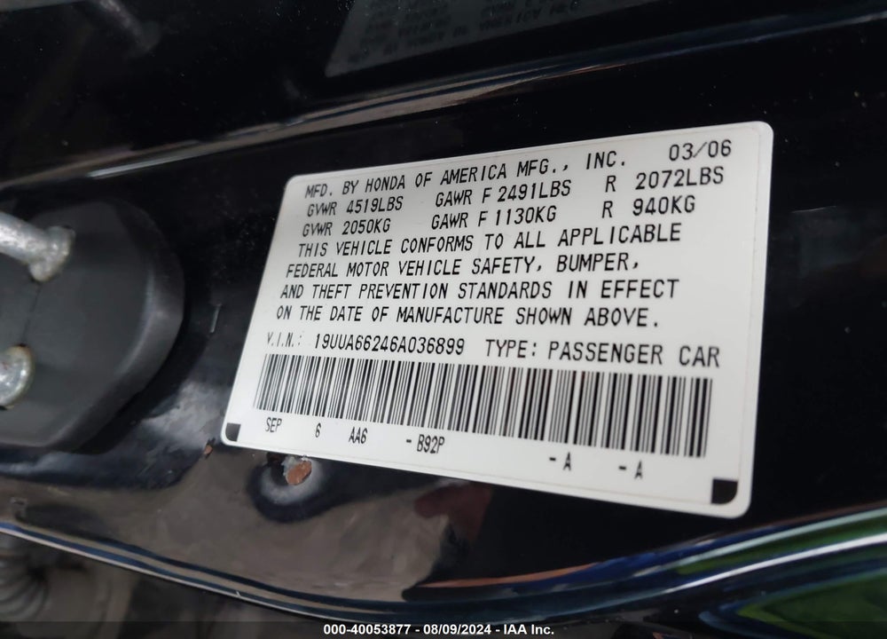 2006 ACURA TL VIN: 19UUA66246A036899