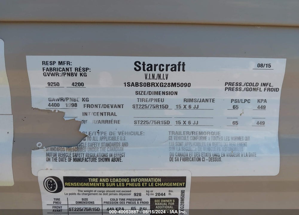 2016 STARCRAFT TRAVEL TRAILER VIN: 1SABS0BRXG28M5090