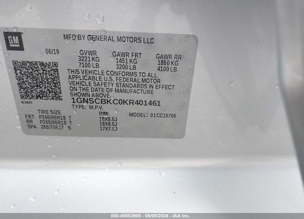 2019 CHEVROLET TAHOE LT VIN: 1GNSCBKC0KR401461
