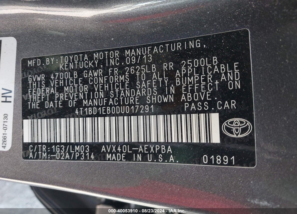 2013 TOYOTA AVALON HYBRID LIMITED VIN: 4T1BD1EB0DU017291
